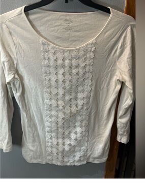 Talbots White Long Sleeve Tee with Lace Panel